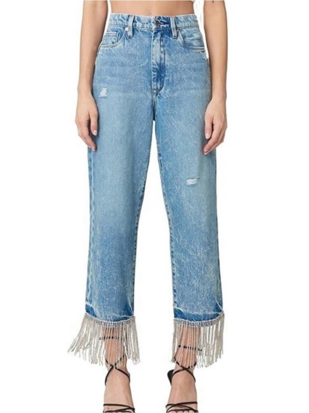 Blank NYC Light Blue Straight Leg Jeans with Crystal Fringe Hem